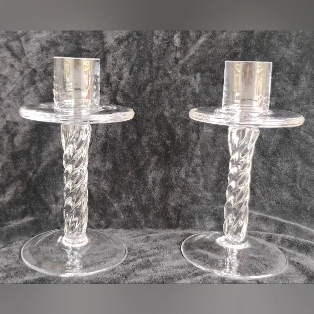 Vintage Crystal Hand Blown Candlestick Holders Set of 2 Twisted Stems Bubbly